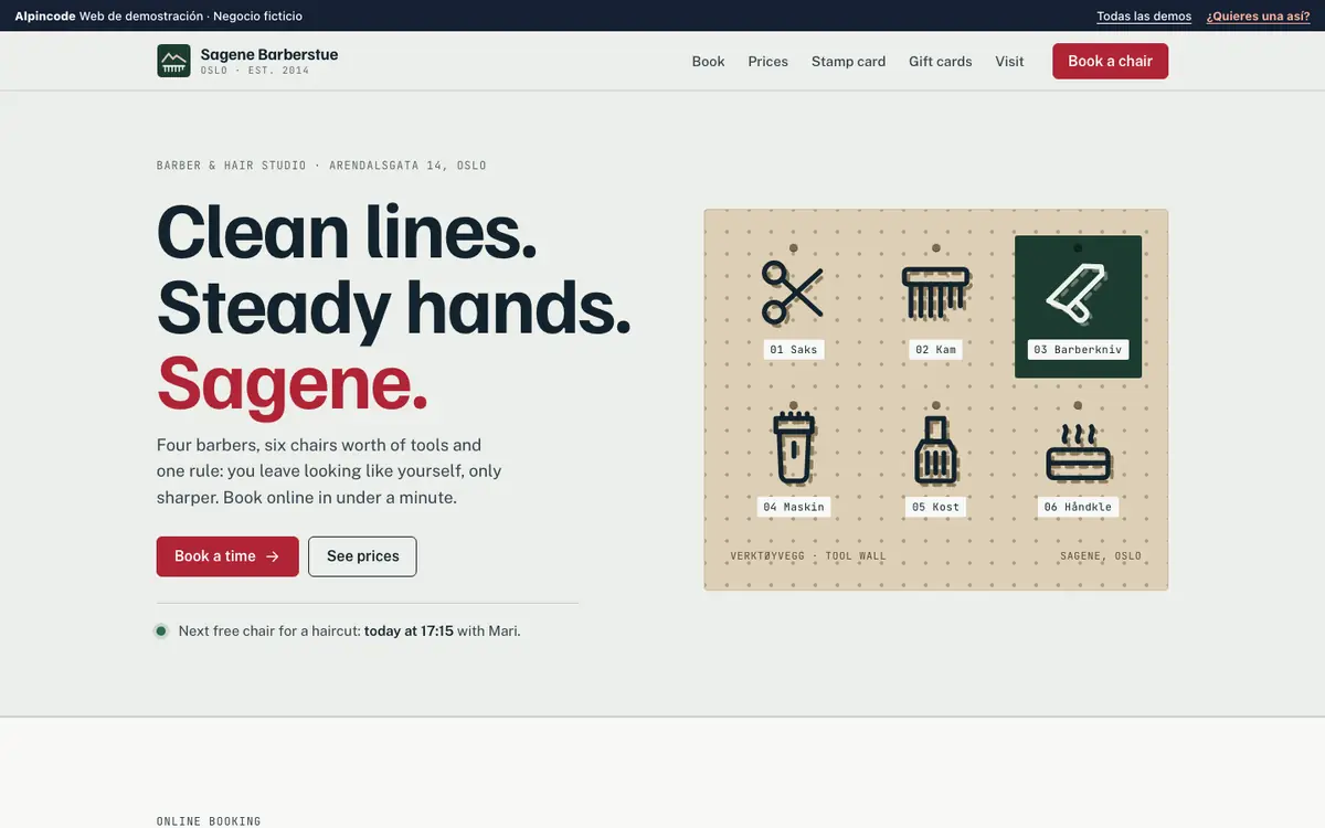 Screenshot of the demo Sagene Barberstue